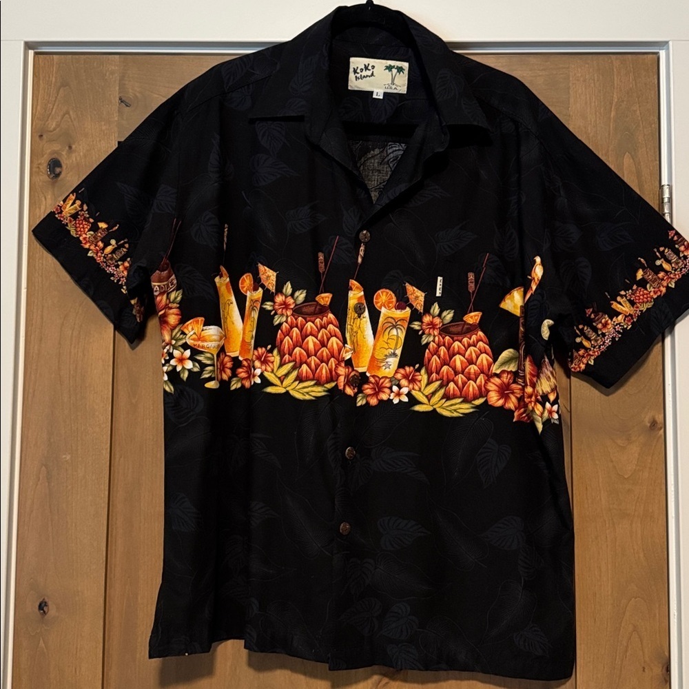 Koko Island Hula Hut Hawaiian Shirt Mens L Tiki Aloha cocktails USA Vacation